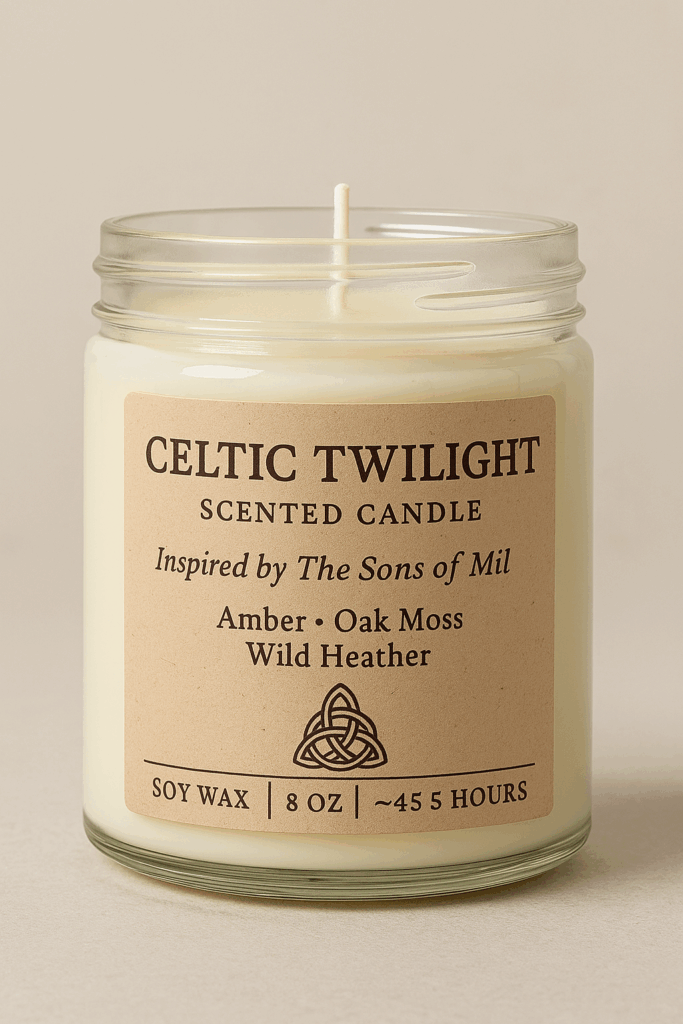 A Celtic Twilight scented candle in a clear glass jar with a beige label displaying the text “Inspired by The Sons of Mil – Amber, Oak Moss, Wild Heather.” The candle features a single cotton wick and natural soy wax, photographed against a soft neutral background for an elegant, minimalist look.
