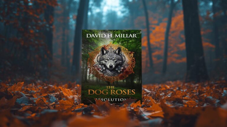 Book cover of "The Dog Roses Resolution" by David H. Millar, featuring a wolf illustration, set against a misty autumn forest backdrop.